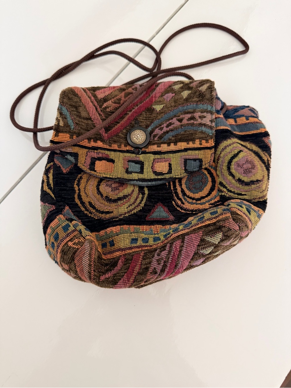 Bohemian Multicolor Woven Flap Crossbody satchel cinched top with button Bag